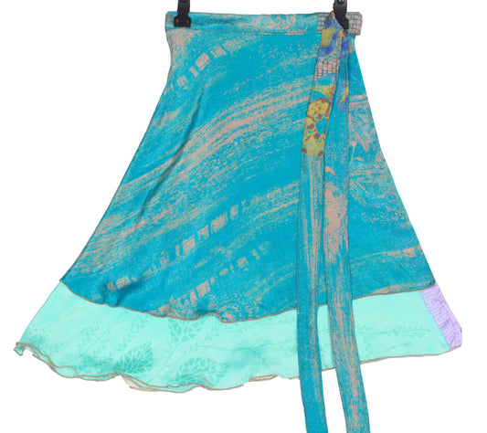 Sushila Vintage Mini Wrap Magic Skirt Art Silk Sari Reversible Aqua Beach Dress