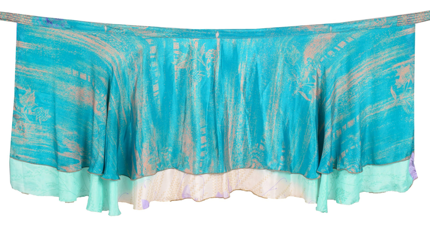 Sushila Vintage Mini Wrap Magic Skirt Art Silk Sari Reversible Aqua Beach Dress