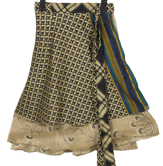 Sushila Vintage Mini Wrap Magic Skirt Brown Art Silk Sari Reversible Beach Dress