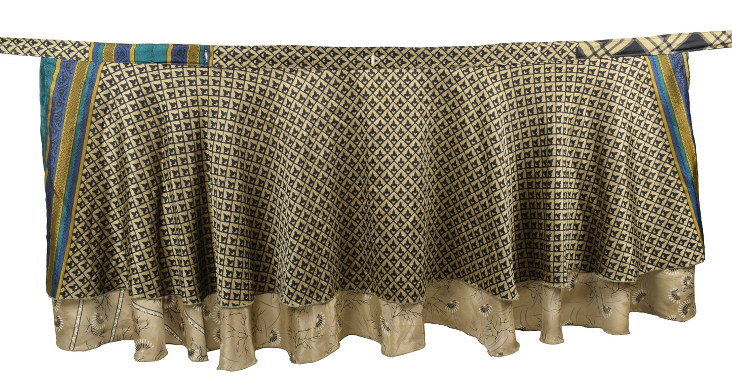 Sushila Vintage Mini Wrap Magic Skirt Brown Art Silk Sari Reversible Beach Dress