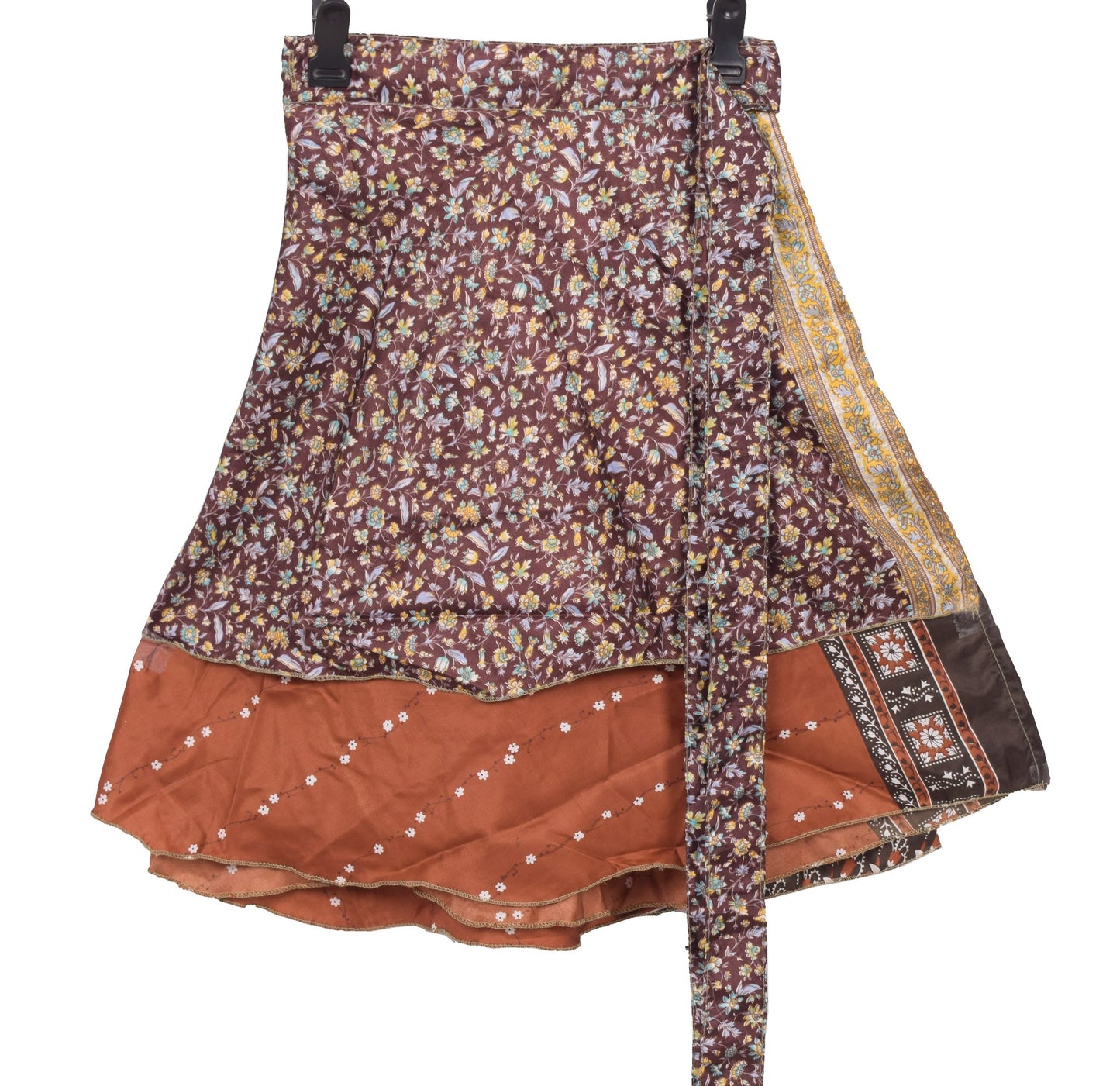 Sushila Vintage Mini Wrap Magic Skirt Art Silk Sari Reversible Brown Beach Dress