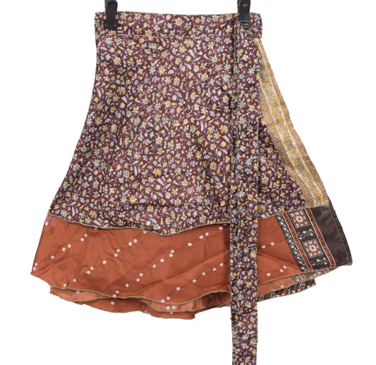 Sushila Vintage Mini Wrap Magic Skirt Art Silk Sari Reversible Brown Beach Dress