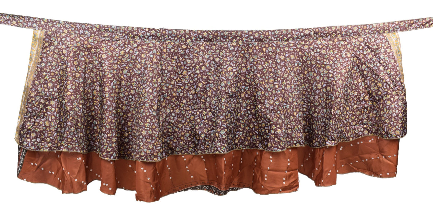 Sushila Vintage Mini Wrap Magic Skirt Art Silk Sari Reversible Brown Beach Dress
