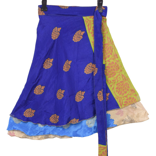Sushila Vintage Blue Mini Wrap Magic Skirt Art Silk Sari Reversible Beach Dress