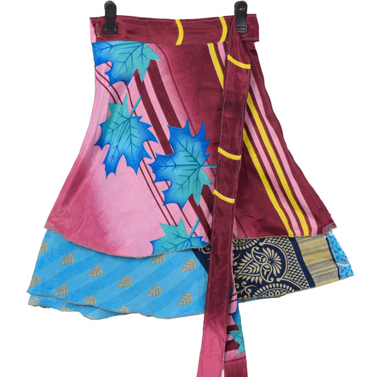 Sushila Vintage Blue Mini Wrap Magic Skirt Art Silk Reversible 2Layer BeachDress