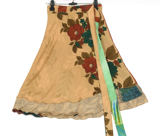 Sushila Vintage Mini Wrap Magic Skirt Art Silk Sari Light Brown Beach Dress Boho