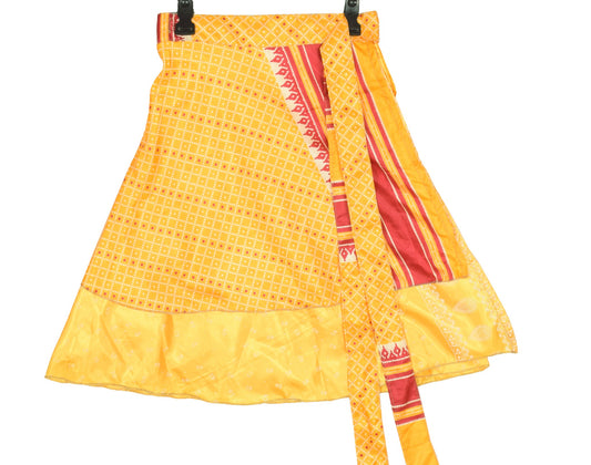 Sushila Vintage Mini Wrap Magic Skirt Art Silk Sari Reversible BeachDress Yellow