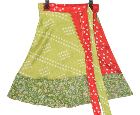 Sushila Vintage Mini Wrap Magic Skirt Art Silk Sari Green Reversible Beach Dress