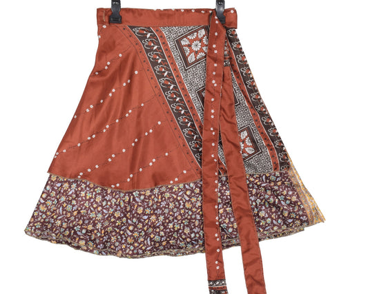 Sushila Vintage Mini Wrap Magic Skirt Art Silk Sari Brown Reversible Beach Dress