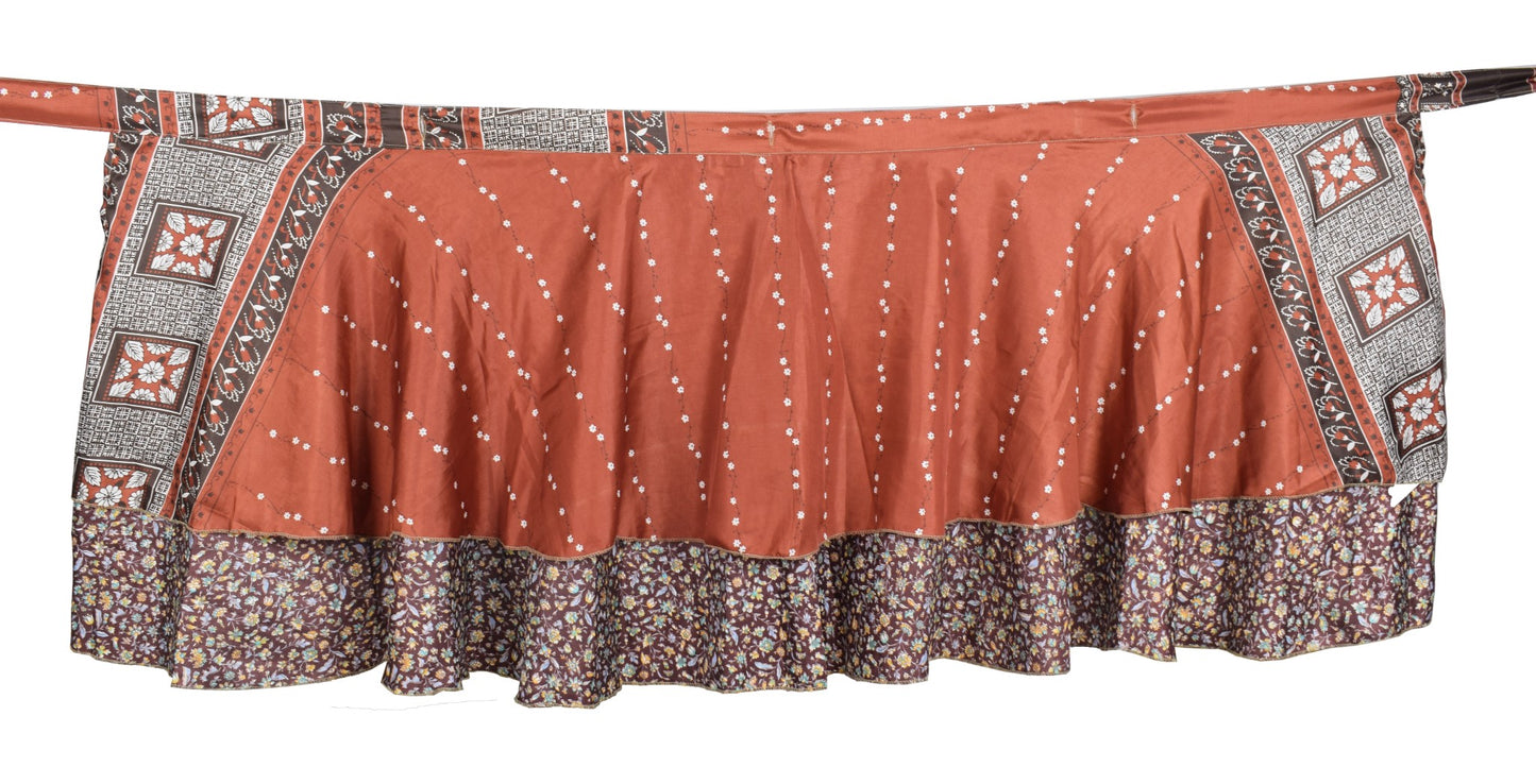 Sushila Vintage Mini Wrap Magic Skirt Art Silk Sari Brown Reversible Beach Dress