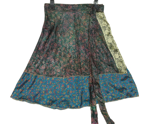 Sushila Vintage Floral Mini Wrap Magic Skirt Art Silk Sari Reversible BeachDress
