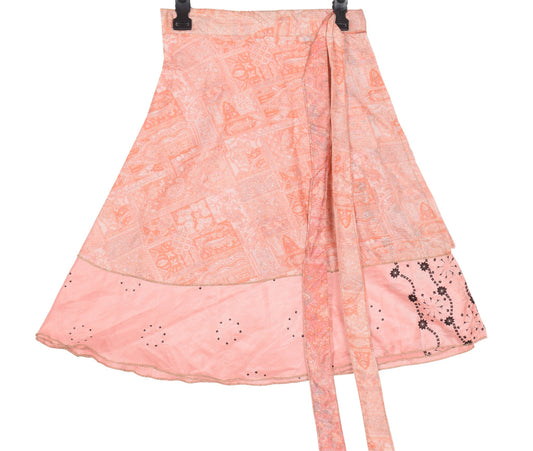 Sushila Vintage Peach Mini Wrap Magic Skirt Art Silk Sari Reversible Beach Dress