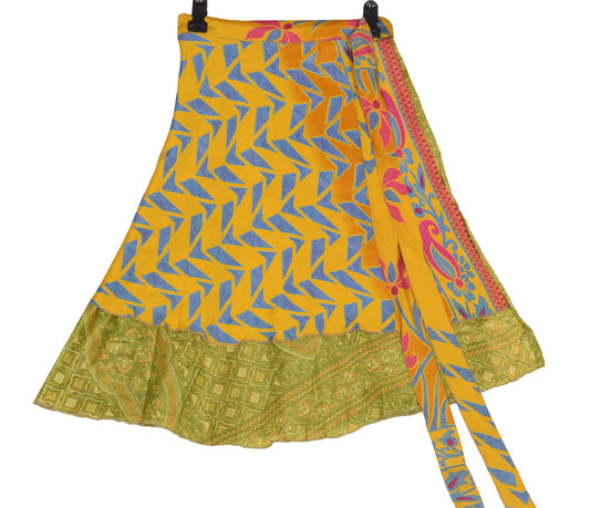 Sushila Vintage Green Mini Wrap Magic Skirt Art Silk Sari Reversible Beach Dress