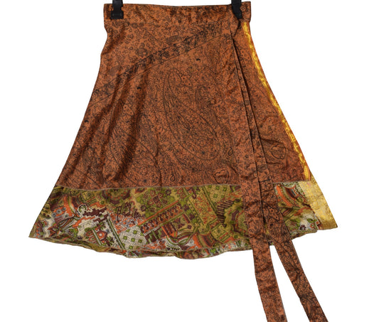 Sushila Vintage Brown Mini Wrap Magic Skirt Art Silk Sari Reversible Beach Dress