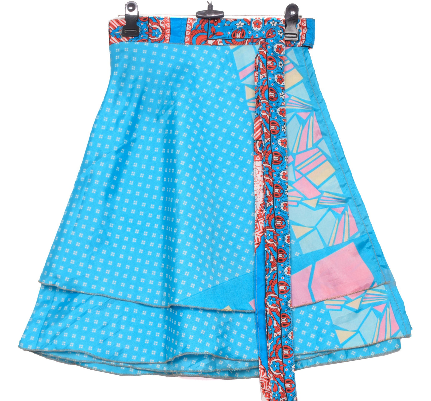 Sushila Vintage Mini Wrap Magic Skirt Indian Art Silk Reversible BeachDress Blue