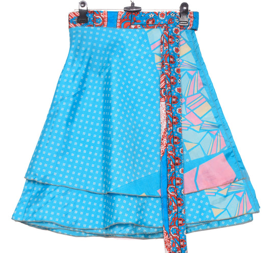 Sushila Vintage Mini Wrap Magic Skirt Indian Art Silk Reversible BeachDress Blue