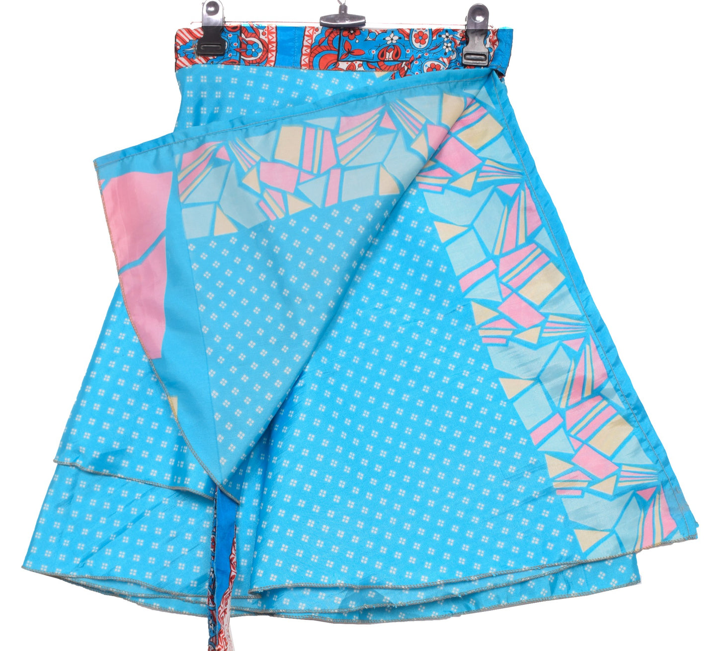 Sushila Vintage Mini Wrap Magic Skirt Indian Art Silk Reversible BeachDress Blue