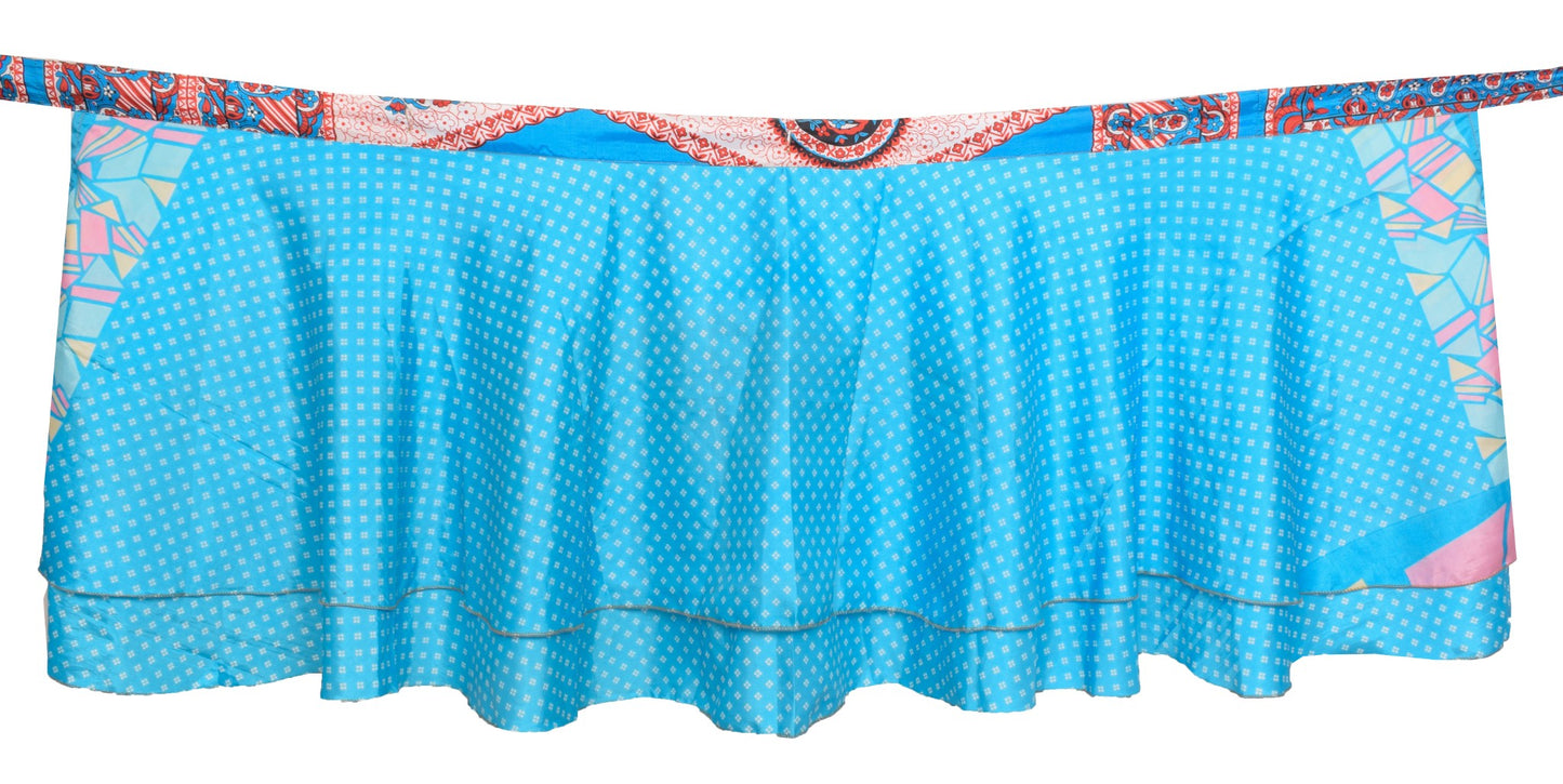 Sushila Vintage Mini Wrap Magic Skirt Indian Art Silk Reversible BeachDress Blue
