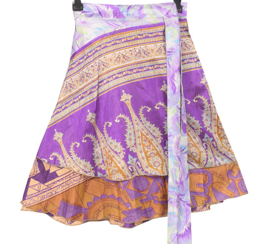 Sushila Vintage Purple Mini Wrap Magic Skirt Indian Art Silk Reversible Beach Dress