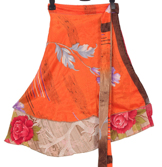 Sushila Vintage Orange Mini Wrap Magic Skirt Indian Art Silk Reversible Beach Dress