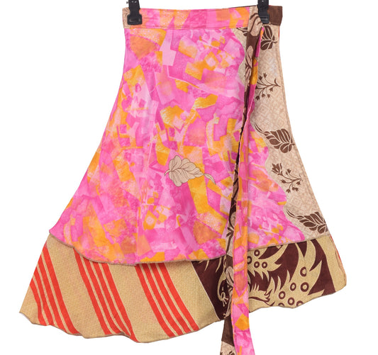 Sushila Vintage Pink Mini Wrap Magic Skirt Art Silk Reversible Beach Dress Boho