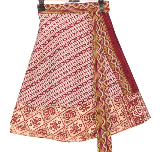 Sushila Vintage Cream Mini Wrap Magic Skirt Indian Art Silk Reversible Beach Dress