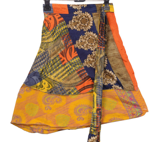 Sushila Vintage Yellow Mini Wrap Magic Skirt Art Silk Reversible BeachDress Boho