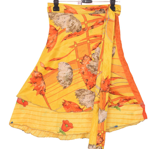 Sushila Vintage Yellow Mini Wrap Magic Skirt Indian Art Silk Reversible Beach Dress