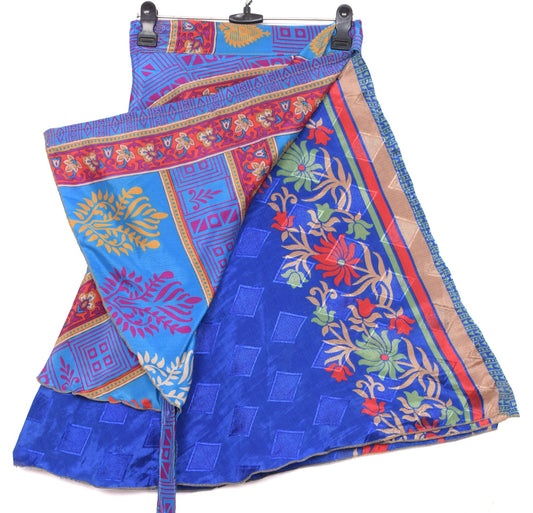 Sushila Vintage Mini Wrap Magic Skirt Indian Art Silk Reversible BeachDress Blue