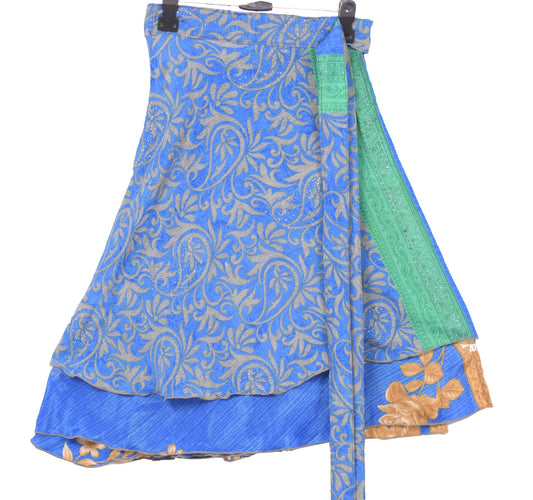 Sushila Vintage Floral Blue Mini WrapMagic Skirt Art Silk Reversible Beach Dress