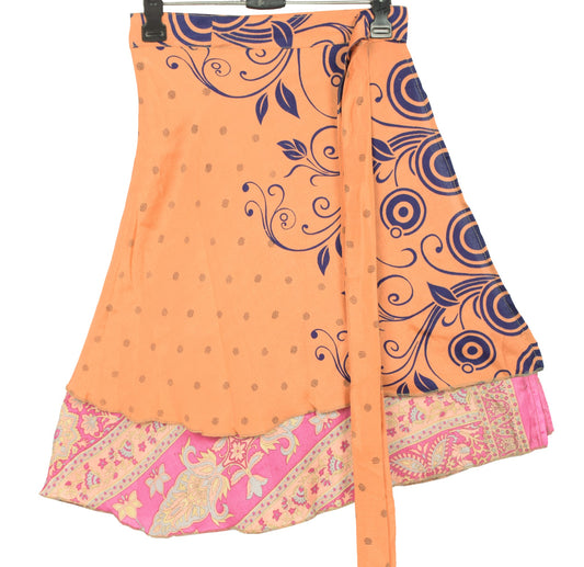 Sushila Vintage Peach Mini Wrap Magic Skirt Art Silk Reversible Beach Dress Boho