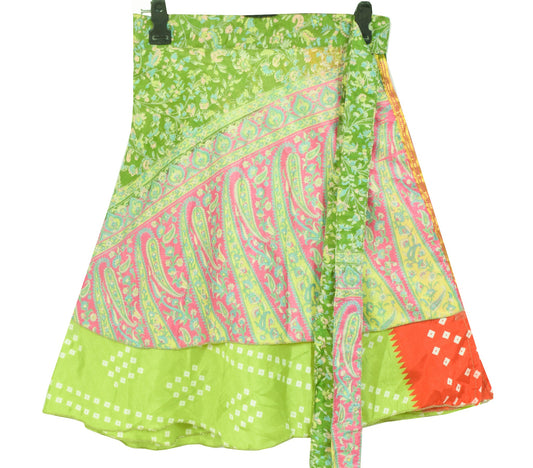 Sushila Vintage Green Mini Wrap Magic Skirt Art Silk Reversible Beach Dress Boho