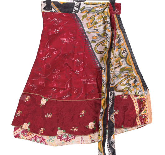 Sushila Vintage Maroon Mini WrapMagic Skirt Art Silk Reversible Beach Dress Boho