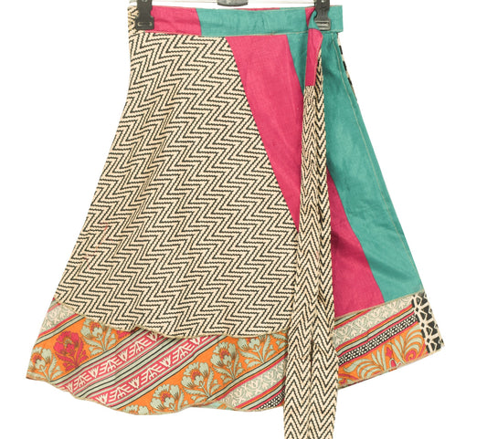 Sushila Vintage Cream Mini WrapMagic Skirt Art Silk Reversible Boho Beach Dress