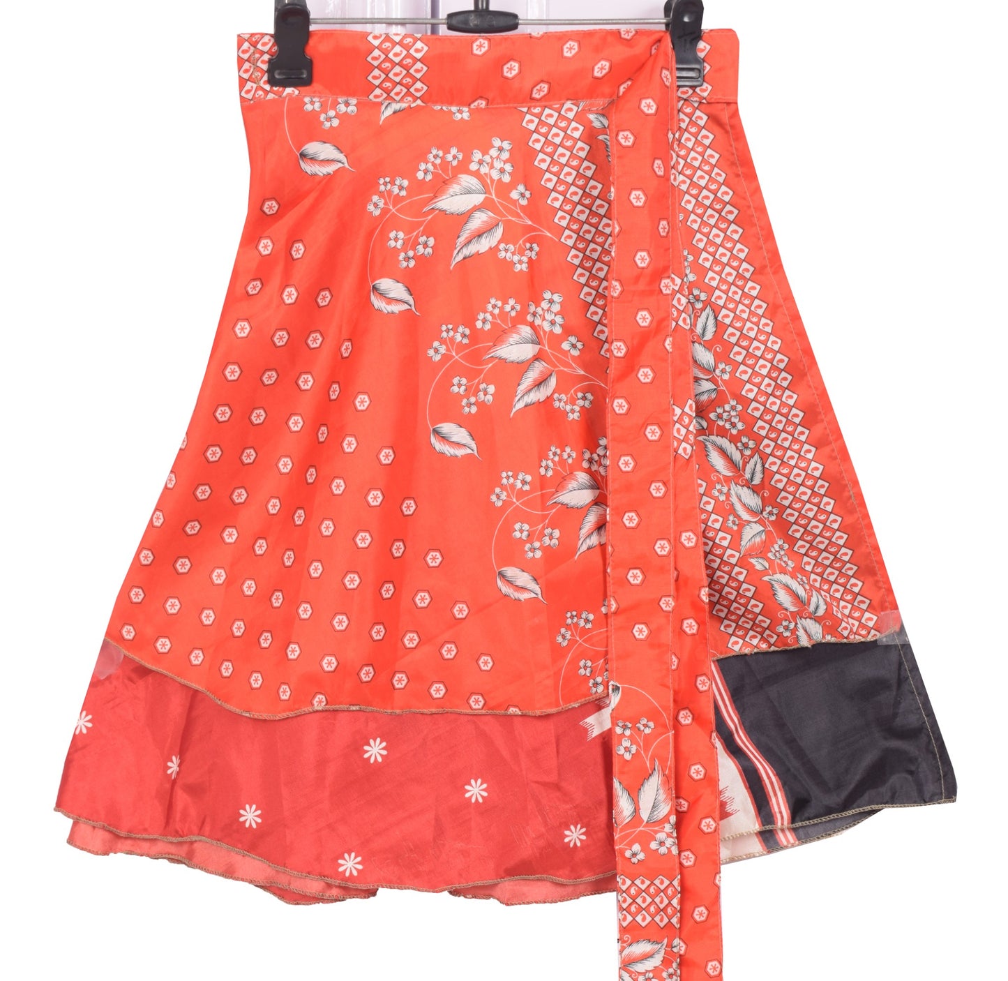 Sushila Vintage Red Mini Wrap Magic Skirt Art Silk Reversible Floral BeachDress