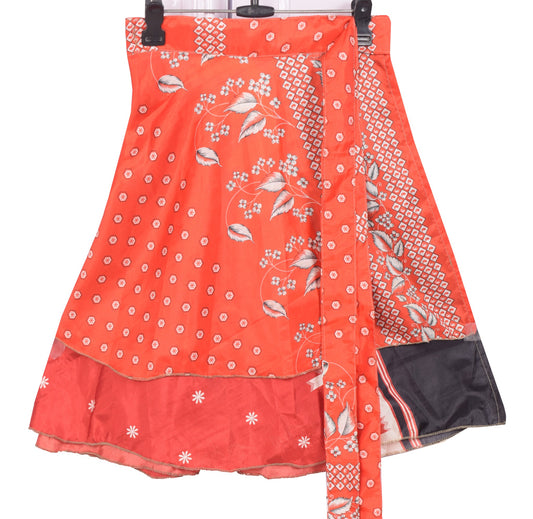 Sushila Vintage Red Mini Wrap Magic Skirt Art Silk Reversible Floral BeachDress