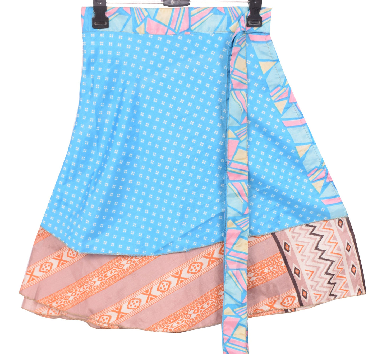 Sushila Vintage Aqua Blue Mini Wrap Magic Skirt Art Silk Reversible Beach Dress