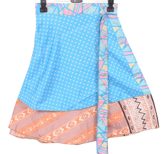 Sushila Vintage Aqua Blue Mini Wrap Magic Skirt Art Silk Reversible Beach Dress