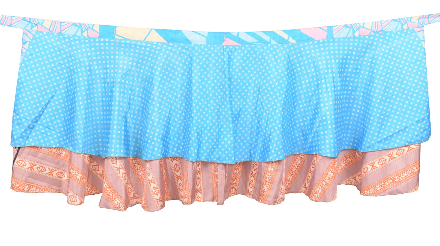 Sushila Vintage Aqua Blue Mini Wrap Magic Skirt Art Silk Reversible Beach Dress