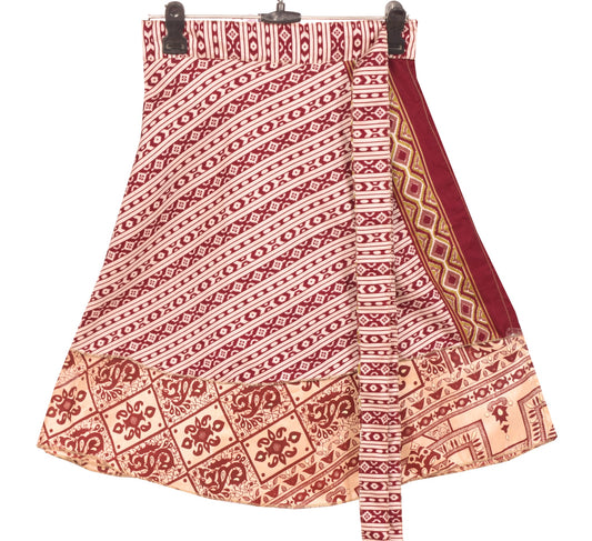 Sushila Vintage Cream Mini Wrap Magic Skirt Art Silk Reversible Beach Dress Boho