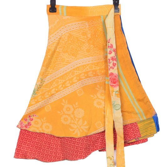 Sushila Vintage Yellow Mini Wrap Magic Skirt Art Silk Reversible Beach Dress