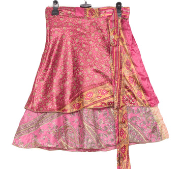 Sushila Vintage Pink Mini Wrap Magic Skirt Indian ArtSilk Reversible Beach Dress