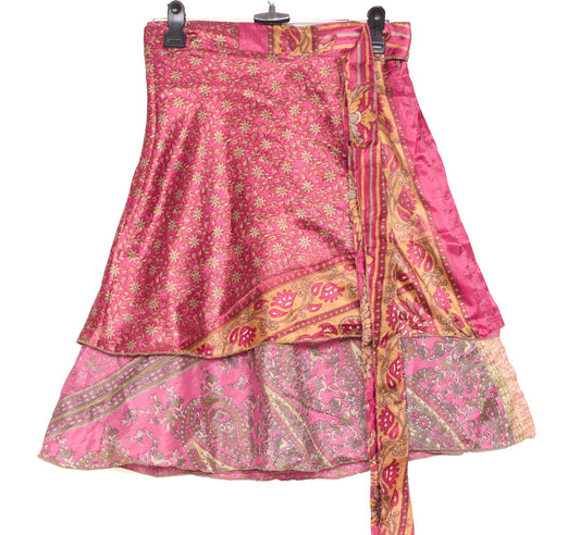 Sushila Vintage Pink Mini Wrap Magic Skirt Indian ArtSilk Reversible Beach Dress