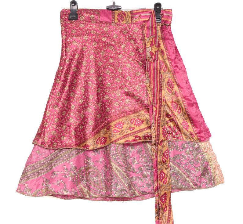 Sushila Vintage Pink Mini Wrap Magic Skirt Indian ArtSilk Reversible Beach Dress