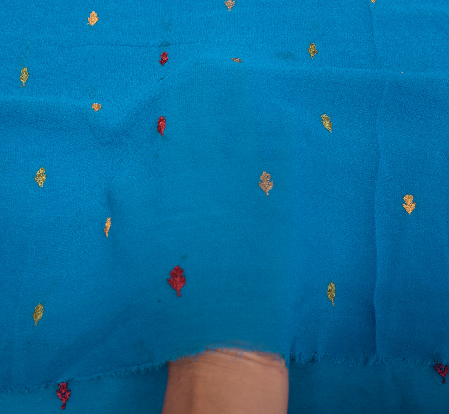 Sushila Vintage Blue Sari Remnant Scrap Floral Embroidery Georgette Craft Fabric