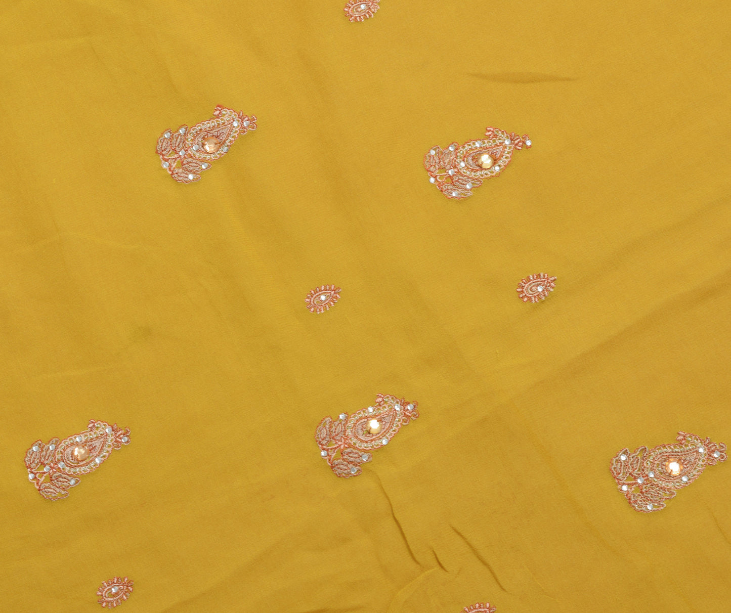 Sushila Vintage Green Georgette Silk Sari Embroidered Remnant Scrap Craft Fabric