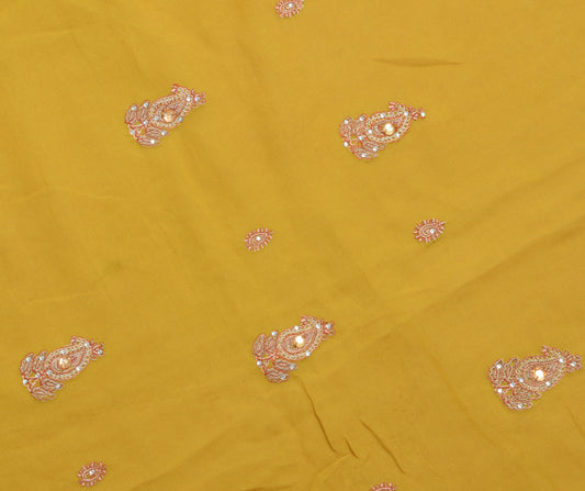 Sushila Vintage Green Georgette Silk Sari Embroidered Remnant Scrap Craft Fabric