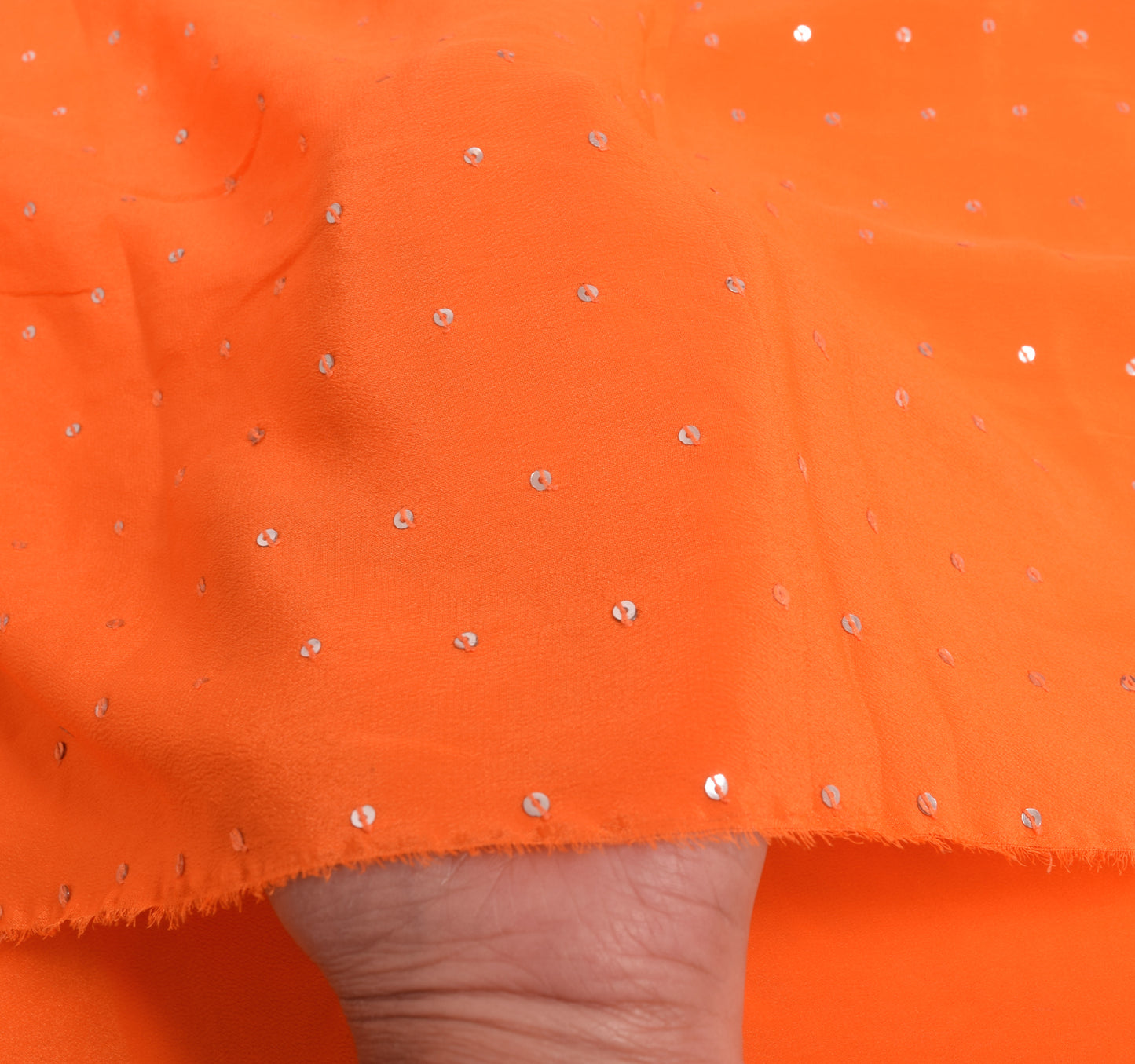 Sushila Vintage Orange Crepe Sari Remnant Scrap Sequins Embellish Craft Fabric
