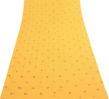 Sushila Vintage Yellow Georgette Sari Remnant Scrap Embroidered  Craft Fabric