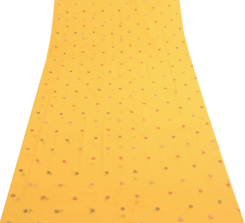 Sushila Vintage Yellow Georgette Sari Remnant Scrap Embroidered  Craft Fabric